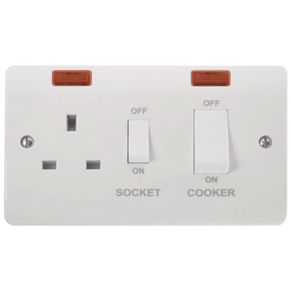 45A Cooker Switch with 13A Switched Socket Outlet+Neons with White Switches