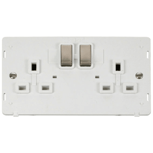 Click SIN536PWBS INGOT 2 Gang 13A DP Switched Socket Insert - White / Brushed Stainless