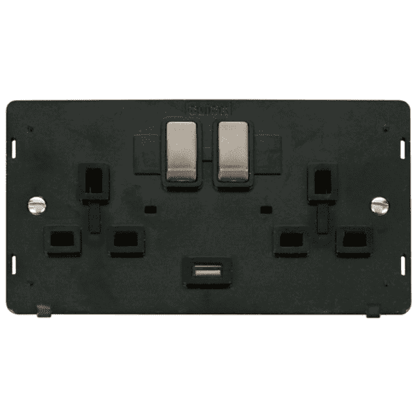 Click SIN570BKBS Definity 13A 2G Ingot Switched Socket With 2.1A USB Outlet Insert - Black / Brushed Stainless