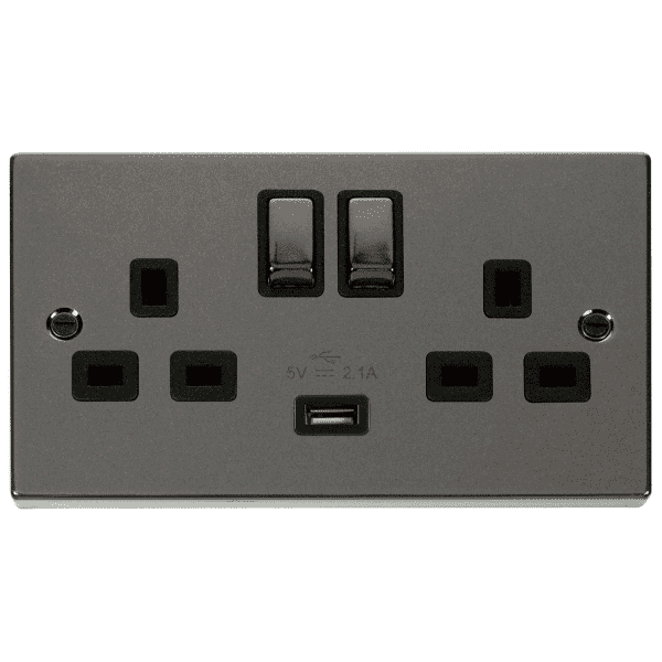 Click VPBN570BK 13A 2 Gang Switched Black Nickel Socket with USB