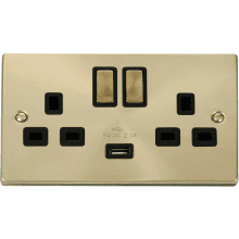 Click VPSB570BK 13A 2 Gang Switched Satin Brass Socket with USB