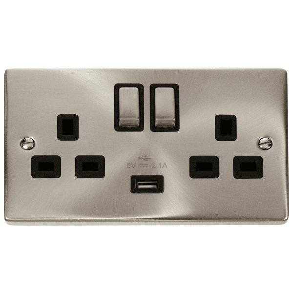 Click VPSC570BK Victorian Satin Chrome 13A 2G Ingot Switched Socket With 2.1A USB Outlet 