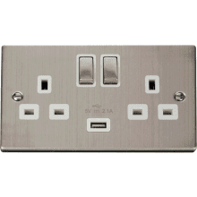 Click VPSS570WH 13A 2 Gang Switched Stainless Steel Socket with USB