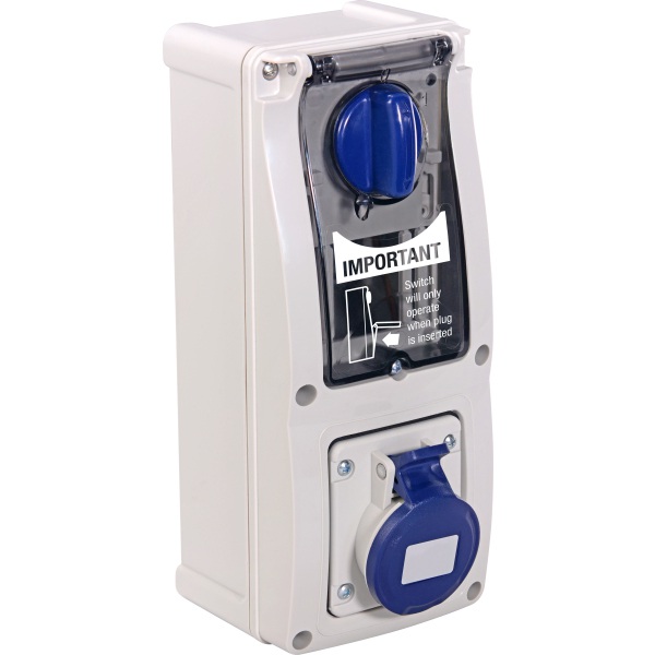 IP44 16A 2P+E 240v Blue Vertical sw/ Interlocked socket